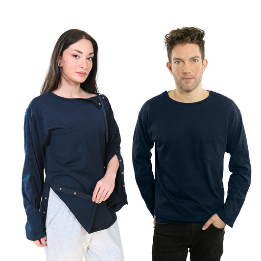 Dialysis Unisex Post Surgery & Rehab Dual Access Crew Neck Snap Full Sleeve Shirt | Easy Open Shoulder, Arm & Side Snaps