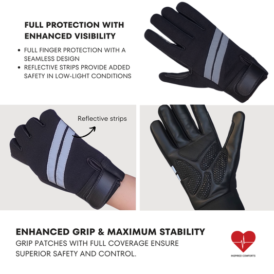 Wheelchair Full Finger Gloves with Anti-Slip Grip, Breathable & Reflective